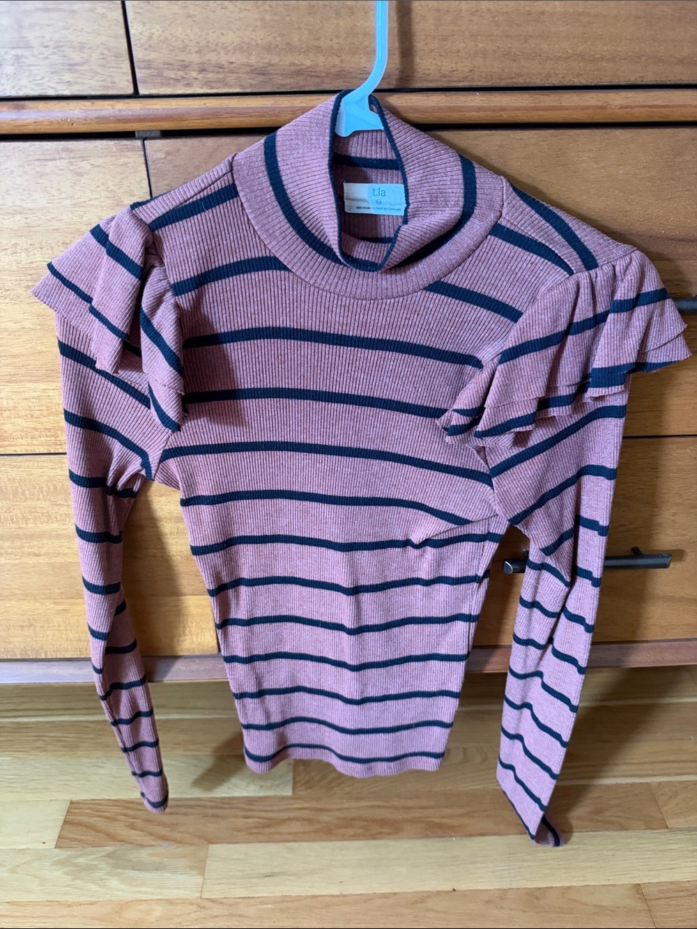 t.la (Anthropologie) Brown Striped Ruffle Shoulder Ribbed Sweater, XS NWOT